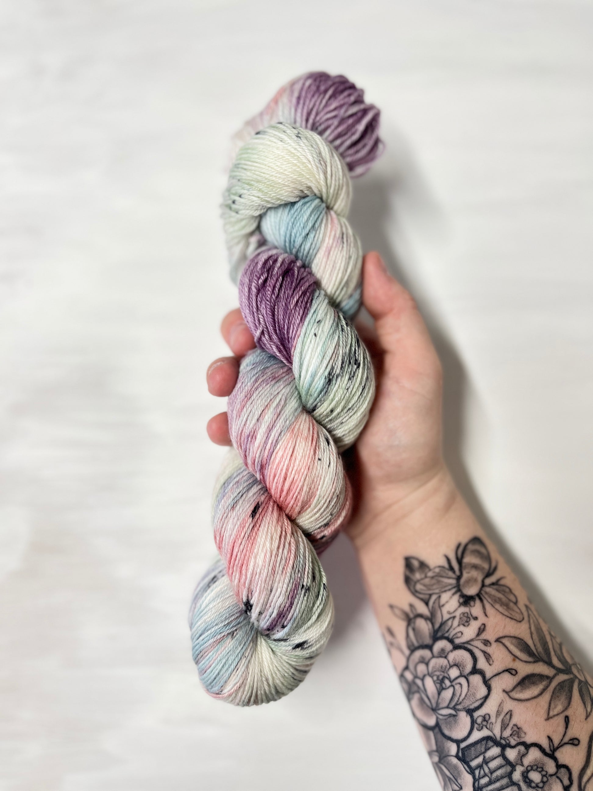 Inspired by Margot Vintage Carousel - Wool baseVintage Carousel is a classy colourway, with soft, dusty shades of pink, blue, purple and green, with speckles of black throughout.
We use premium quality yarn basesInspired by Margot Vintage Carousel - Wool base