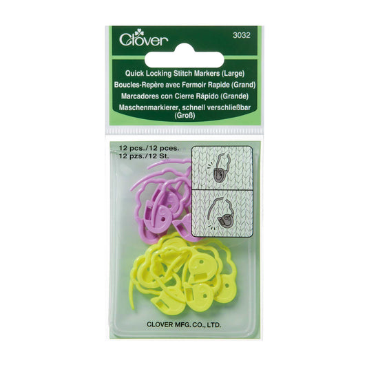 CloverClover Quick Locking Stitch Markers (large)Lock-type stitch marker. It can also be used in the unlocked position.Its undulated design prevents stretching of knitted stitches.Inspired by Margot Clover Quick Locking Stitch Markers (large)